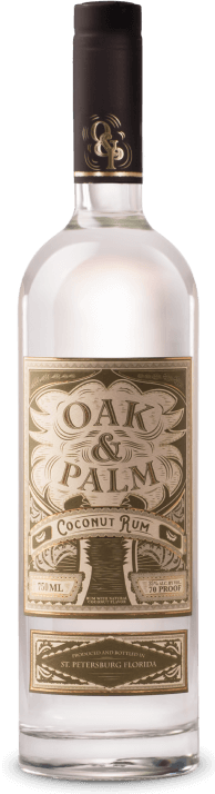 A bottle of oak palm gin on a white background.