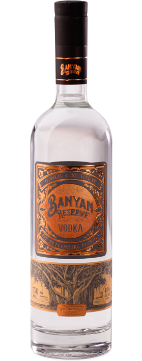 A bottle of banyan gin on a white background.