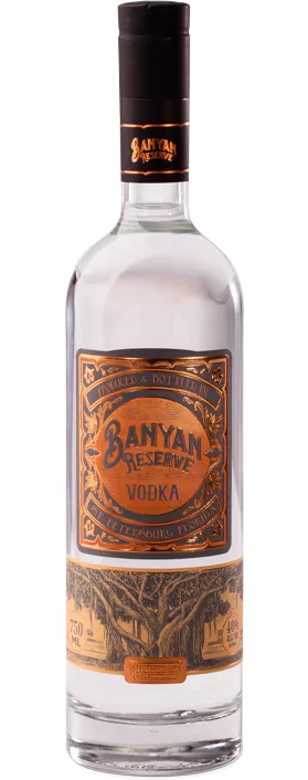A bottle of banyan gin on a white background.