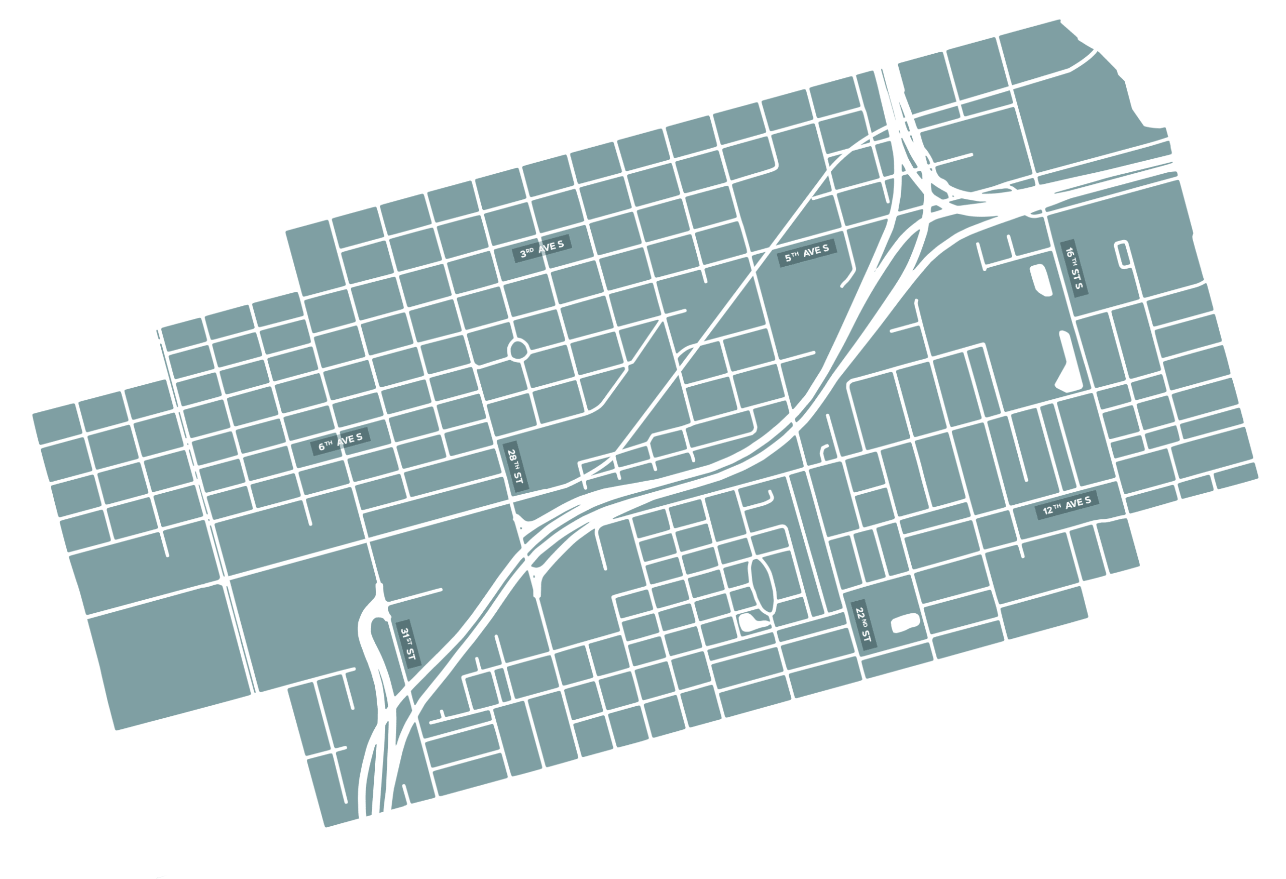 A map of a city with a street and a road.