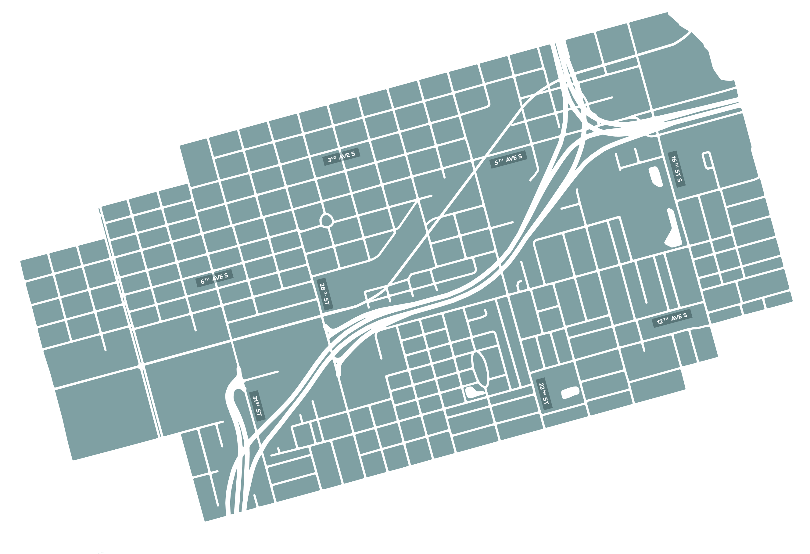 A map of a city with a street and a road.